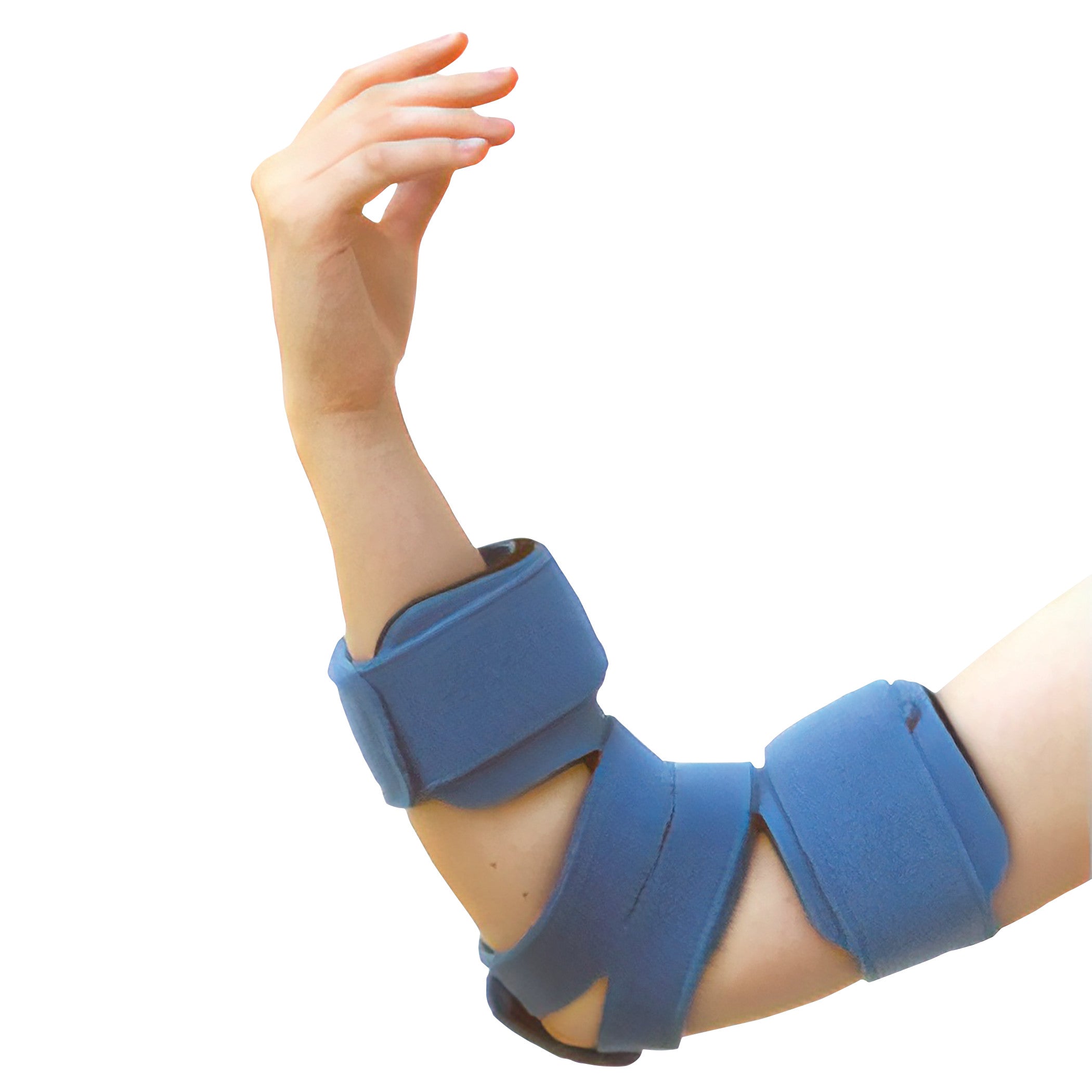 A person wears the Comfy Splints Adult Spring-Loaded Goniometer Elbow Orthosis, which is a blue supportive brace on the arm.
