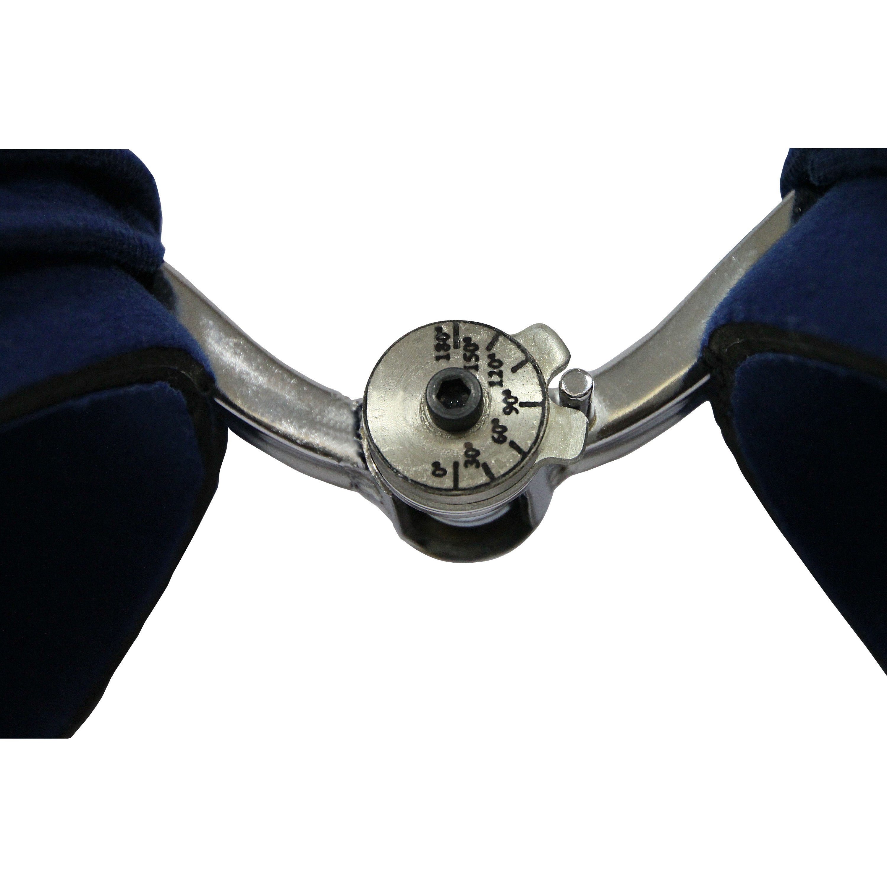 Comfy Splints Adult Goniometer Elbow and Hand Roll Orthosis features a metal hinge with angle markings and blue padded cushions.