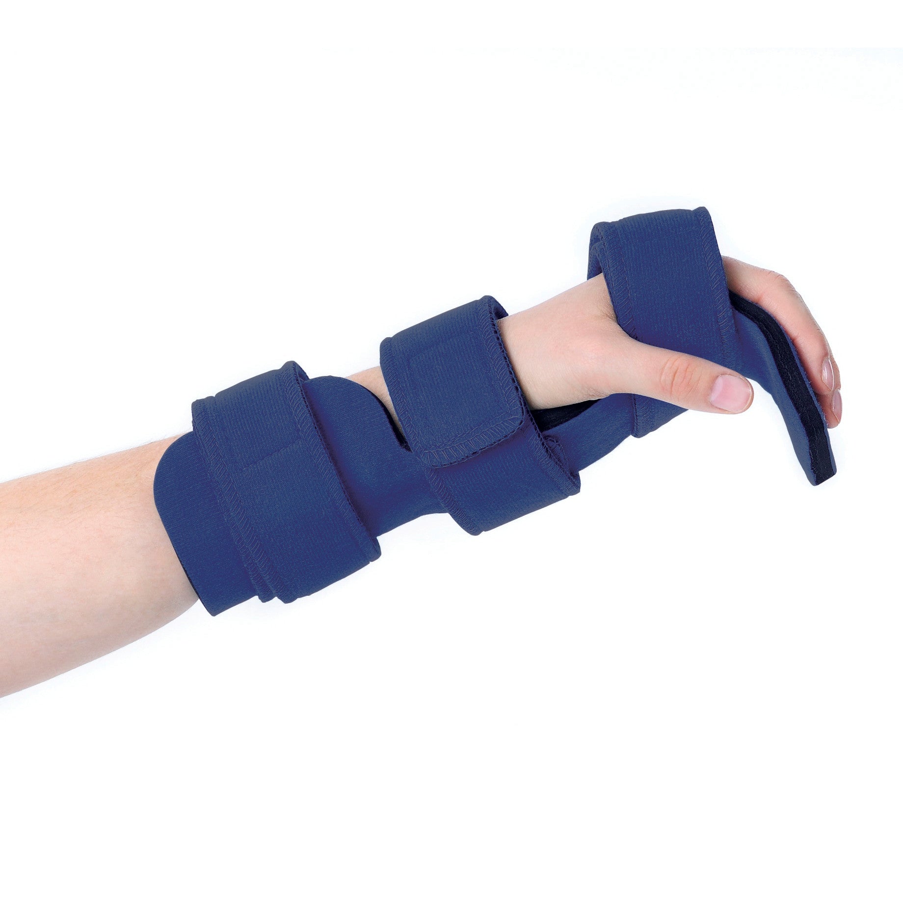 A hand wearing the Comfy Splints Adult Hand/Wrist Orthosis, a blue brace with adjustable straps for support and stabilization.