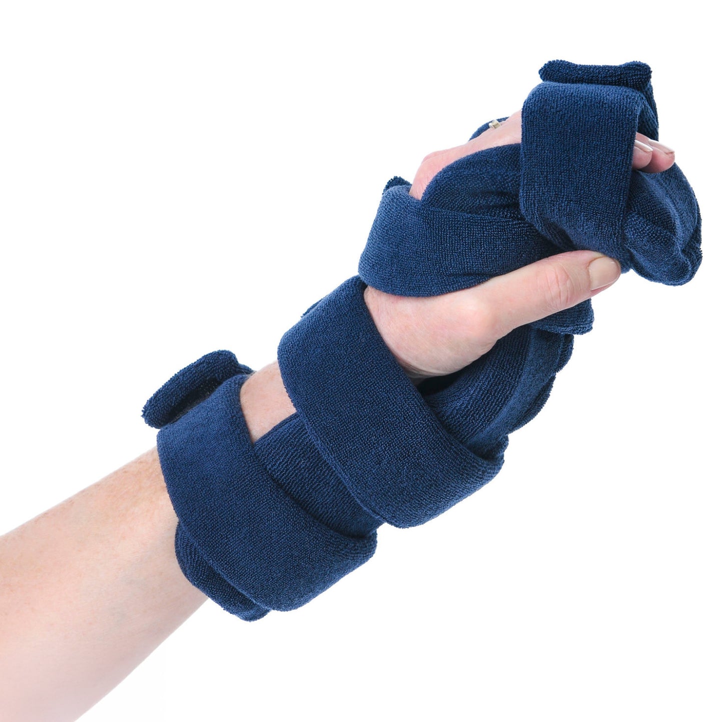 A person's hand is wrapped with a blue Comfy Splints Adult 4-Strap Hand/Wrist Orthosis, secured with adjustable straps.
