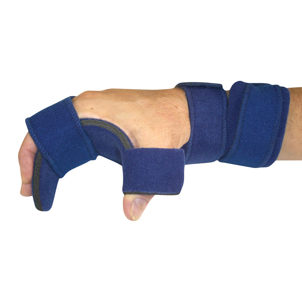 A hand is shown wearing the Comfy Splints Adult Opposition Hand/Thumb Orthosis, made of blue material, covering the hand and thumb.