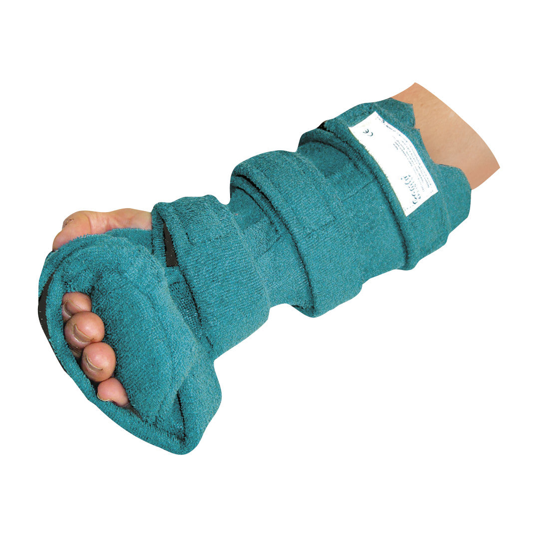 A patient's arm is wrapped in a Comfy Splints Pediatric Long Opponens Hand/Wrist Orthosis with teal fabric, exposing the fingers.