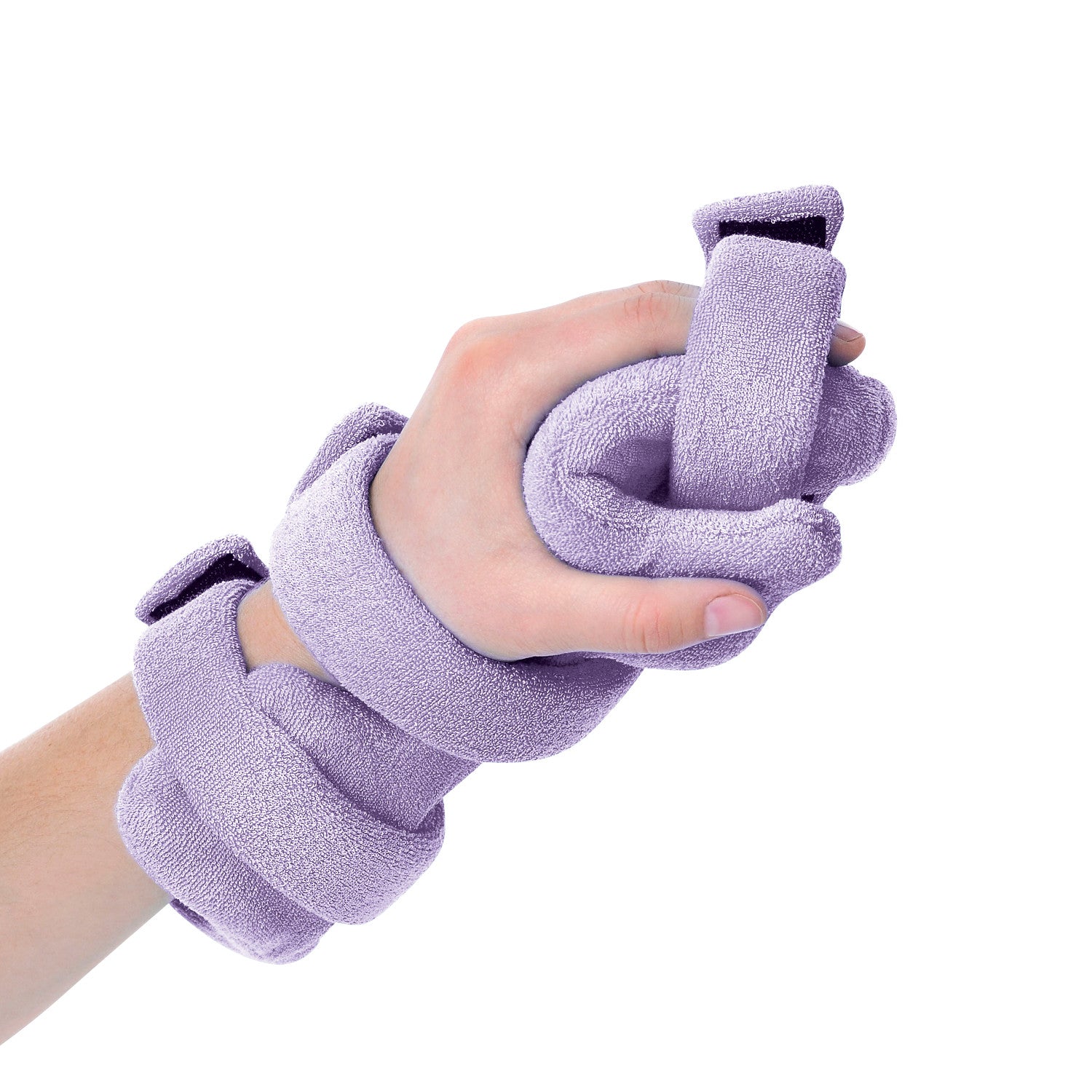 A hand wrapped in a Comfy Splints Pediatric Opposition Hand/Thumb Orthosis with a light purple cover and fastening straps.