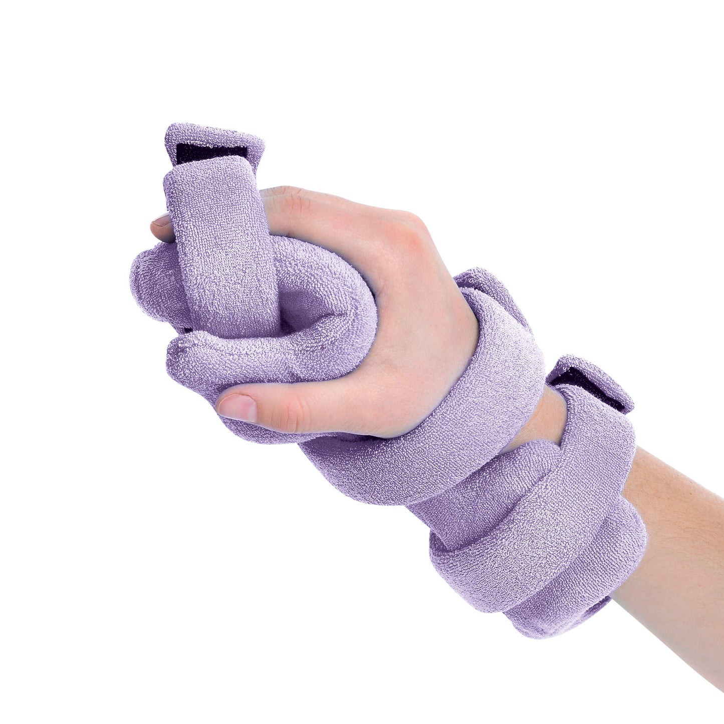 A hand in a lavender Comfy Splints Pediatric Opposition Hand/Thumb Orthosis showing the orthosis wrapping around the thumb and wrist.