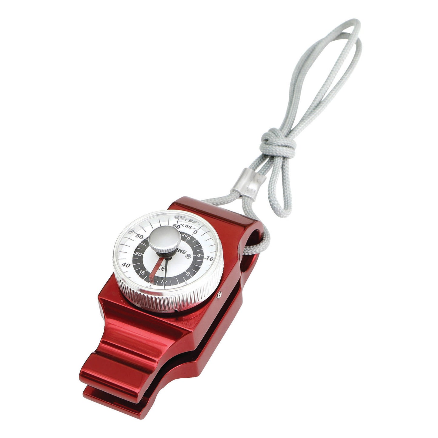 A red Baseline Pinch Gauge with a scale and dial, featuring a gray cord loop for easy handling.