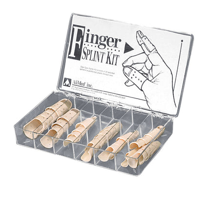 AliMed Stax-Type Splint Starter Kit with various beige finger splints in a clear plastic box featuring a diagram of proper usage.