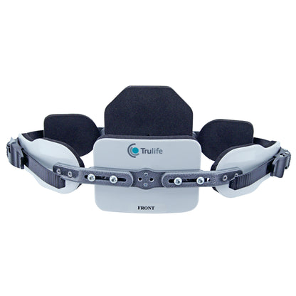 Trulife Pectus Carinatum Brace featuring adjustable straps and padding for support, labeled "FRONT," with a logo on the front panel.