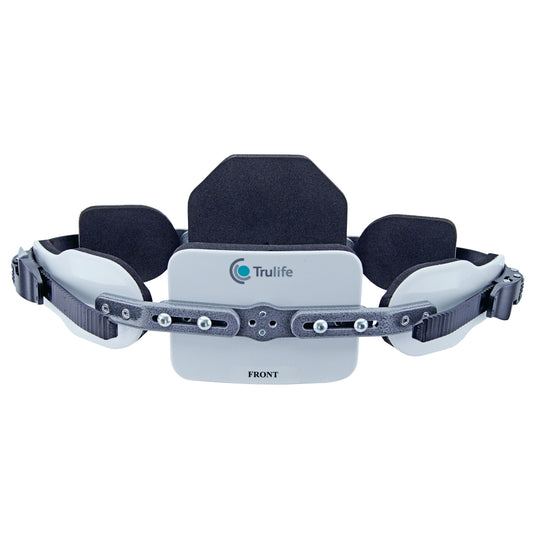 Trulife Pectus Carinatum Brace featuring adjustable straps and padding for support, labeled "FRONT," with a logo on the front panel.