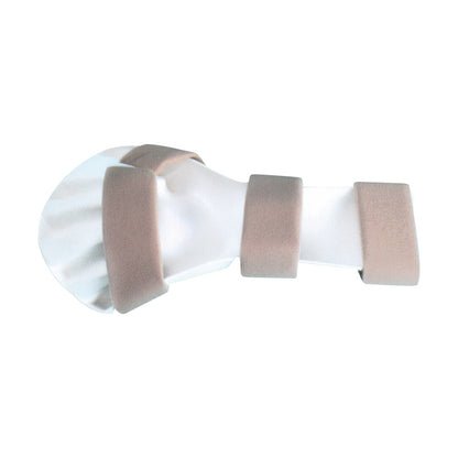 The AliMed Ball Splint is a white orthopedic splint with beige straps, designed to support and immobilize the hand and wrist.