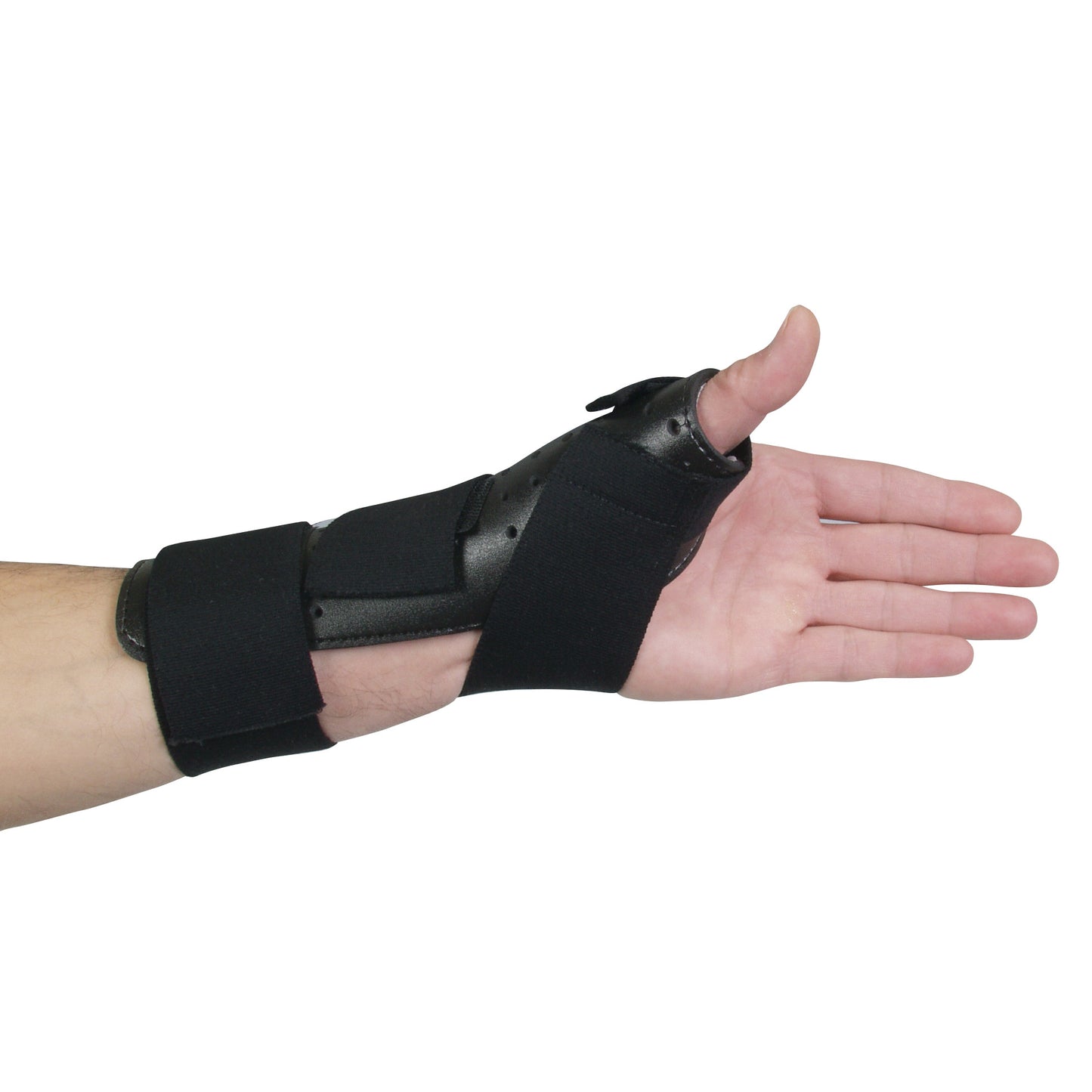 A forearm and hand wearing an AliMed FREEDOM Thumb Spica splint, secured with straps, providing thumb and wrist support.