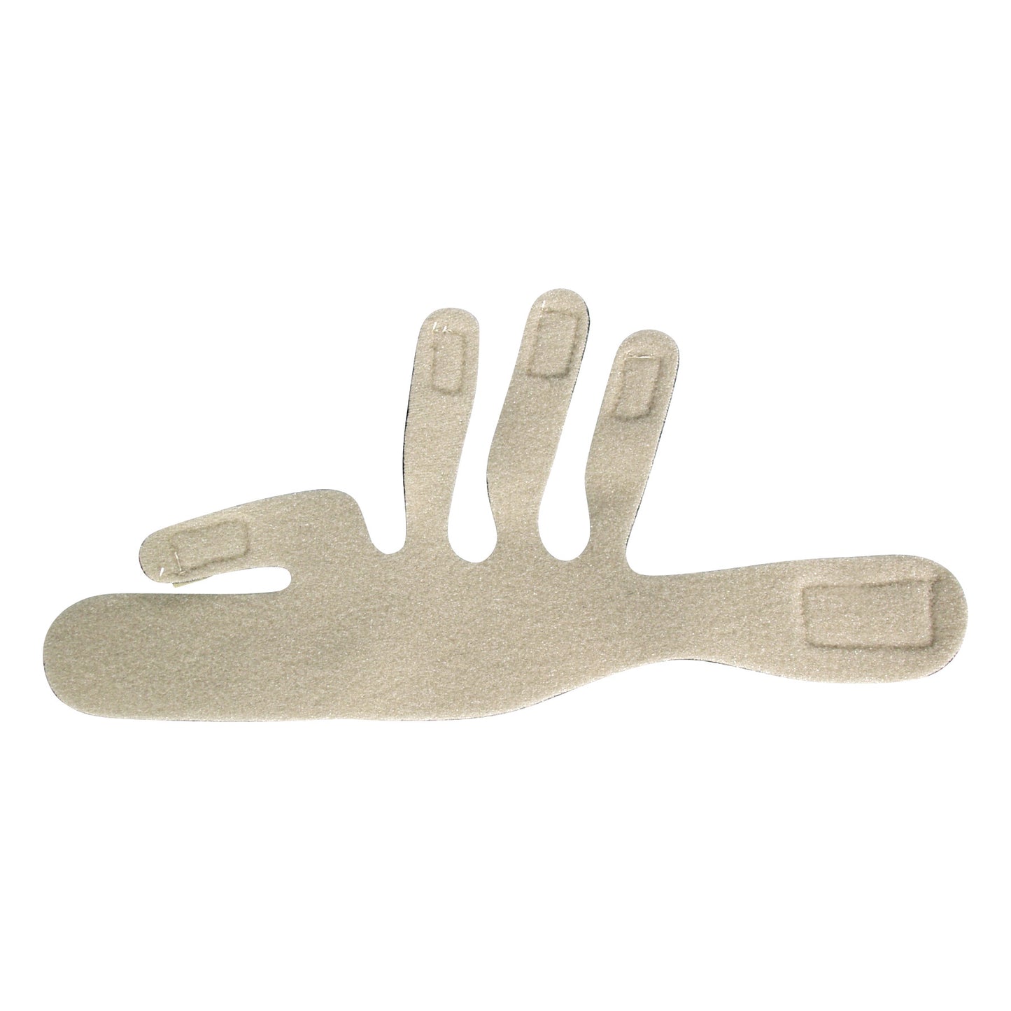 The AliMed Ulnar Deviation Strap is a beige, hand-shaped brace with finger loops for correcting ulnar deviation in the hand.