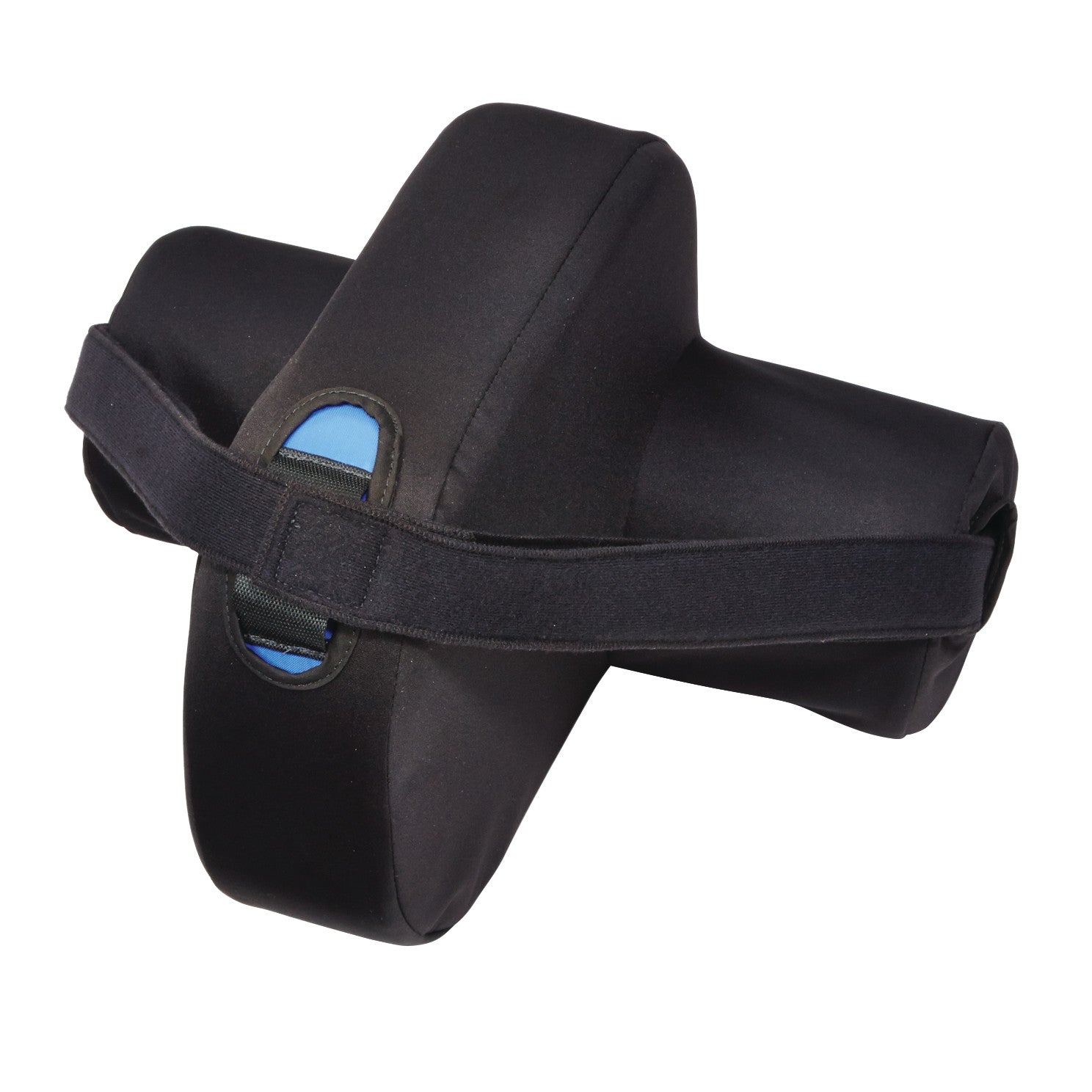 The SkiL-Care Side-Lying Leg and Knee Abductor is a black cushion with a strap, designed to support and separate legs.