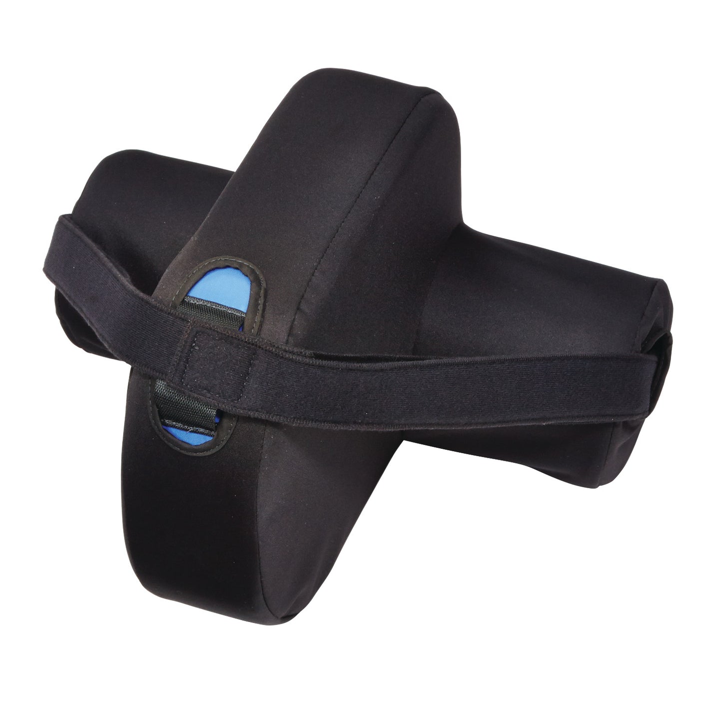 The SkiL-Care Side-Lying Leg and Knee Abductor is a black cushion with a strap, designed to support and separate legs.