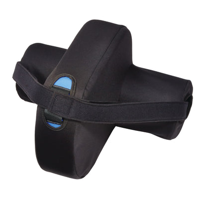 The SkiL-Care Side-Lying Leg and Knee Abductor is a black cushion with a strap, designed to support and separate legs.