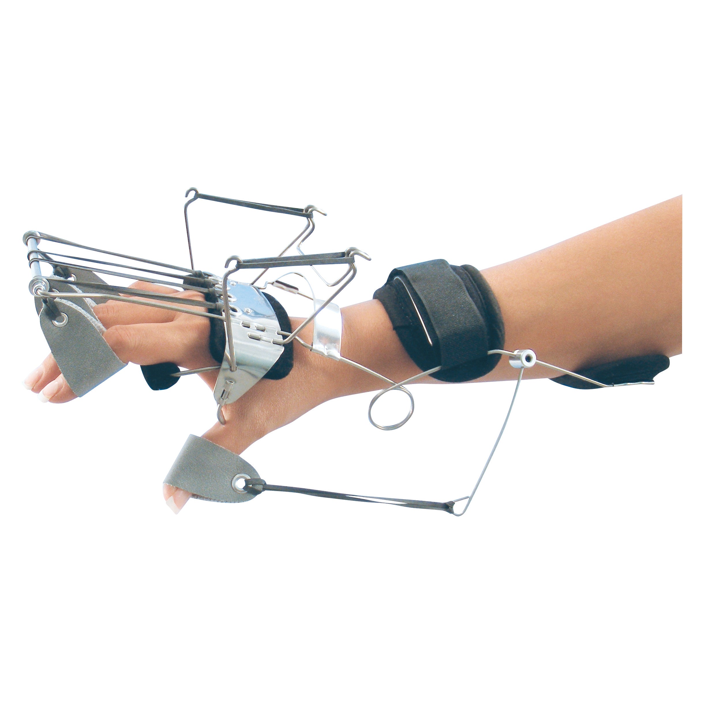 A hand is fitted with a Combination Spring Oppenheimer with Reverse Knuckle Bender, featuring metal rods and adjustable straps.