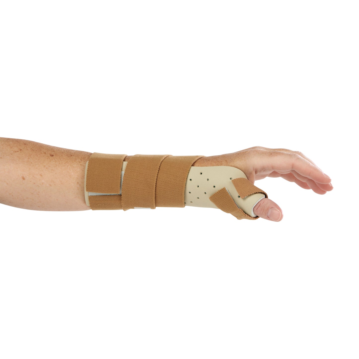 A person's arm wearing an AliMed FREEDOM Rigid Thumb Spica splint, with beige and brown straps supporting the wrist and thumb.