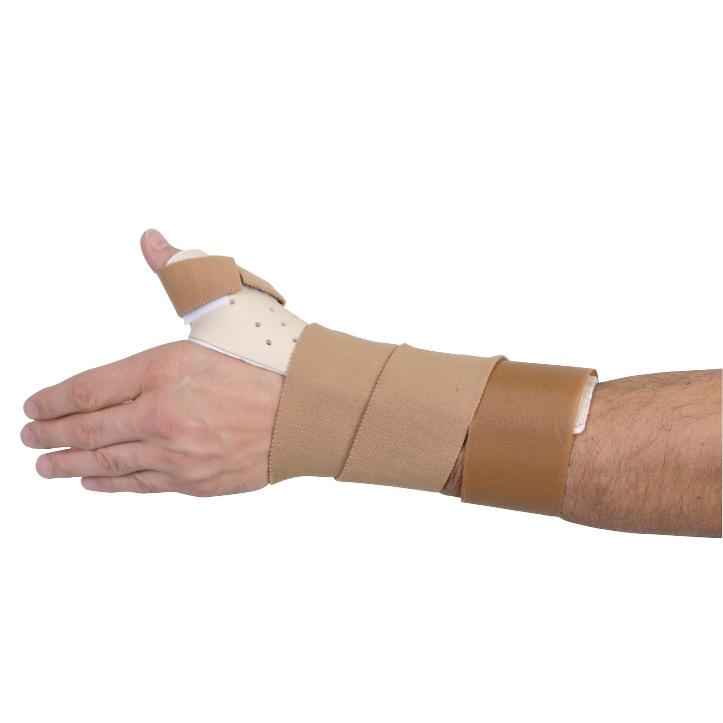 A person's arm is fitted with the AliMed FREEDOM Rigid Thumb Spica, a beige wrist and thumb support with adjustable straps.