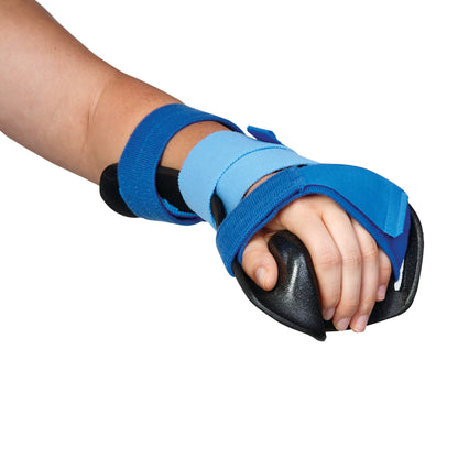 A forearm and hand wearing the AliMed AliLite Resting Hand Mitt Splint, featuring blue straps and a black mitt support.