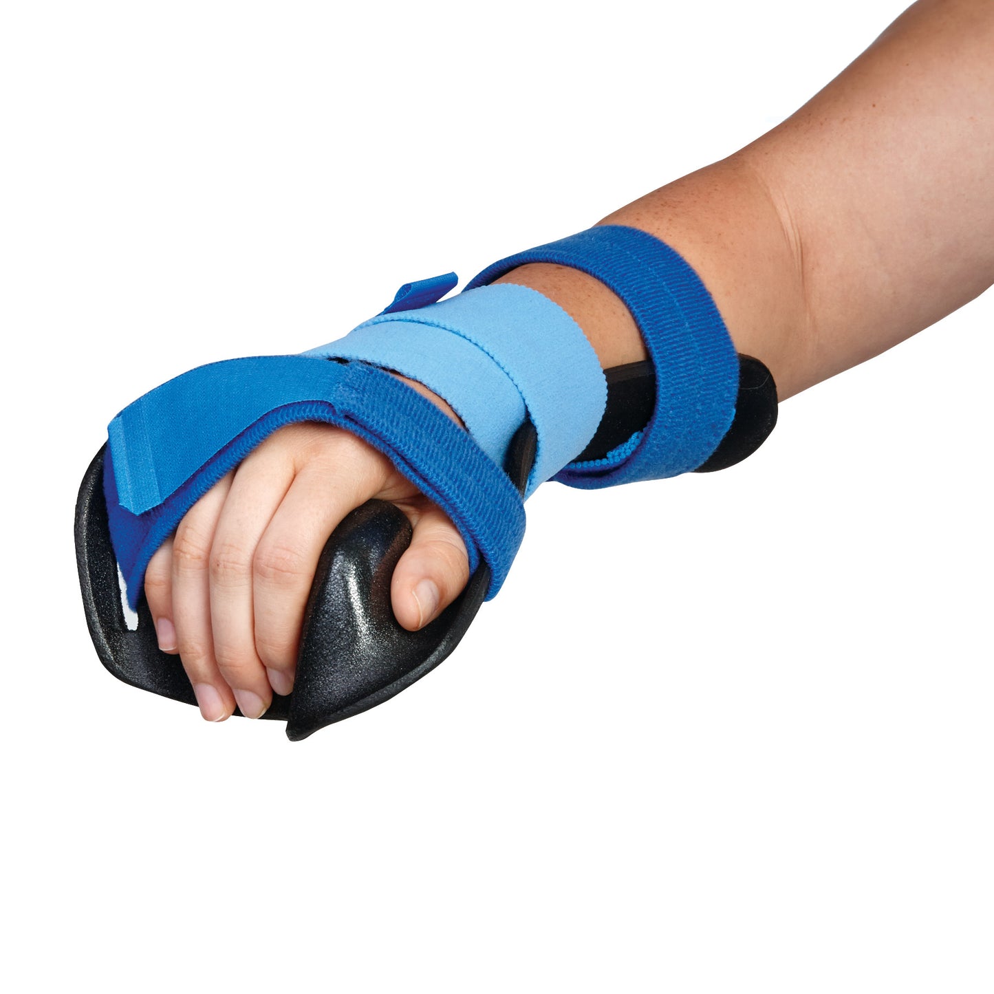 A person's hand is secured in an AliMed AliLite Resting Hand Mitt Splint, featuring blue and black straps for support.