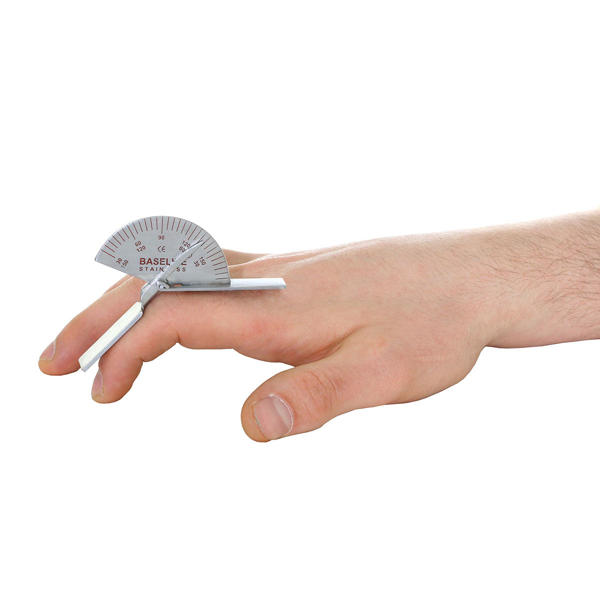 A hand with a Baseline Stainless Steel Finger Goniometer measuring finger angle, showing degrees marked on a semicircular scale.