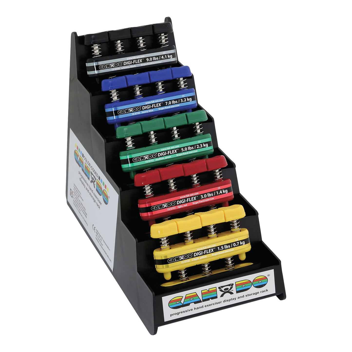 The CanDo Digi-Flex Hand Exerciser Set with Stand includes grip exercisers in various resistance levels, organized by color on a rack.