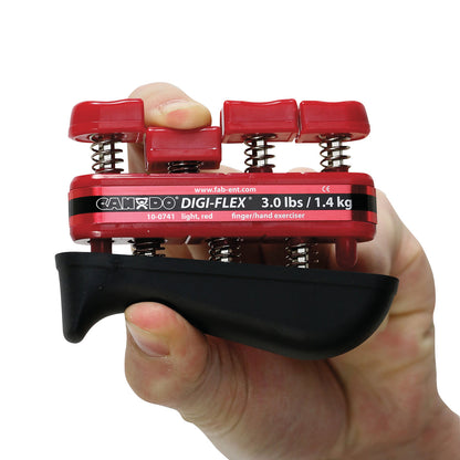 A person holds a red CanDo Digi-Flex Hand Exerciser Set with Stand, designed for finger and hand exercise with a resistance of 3.0 lbs.