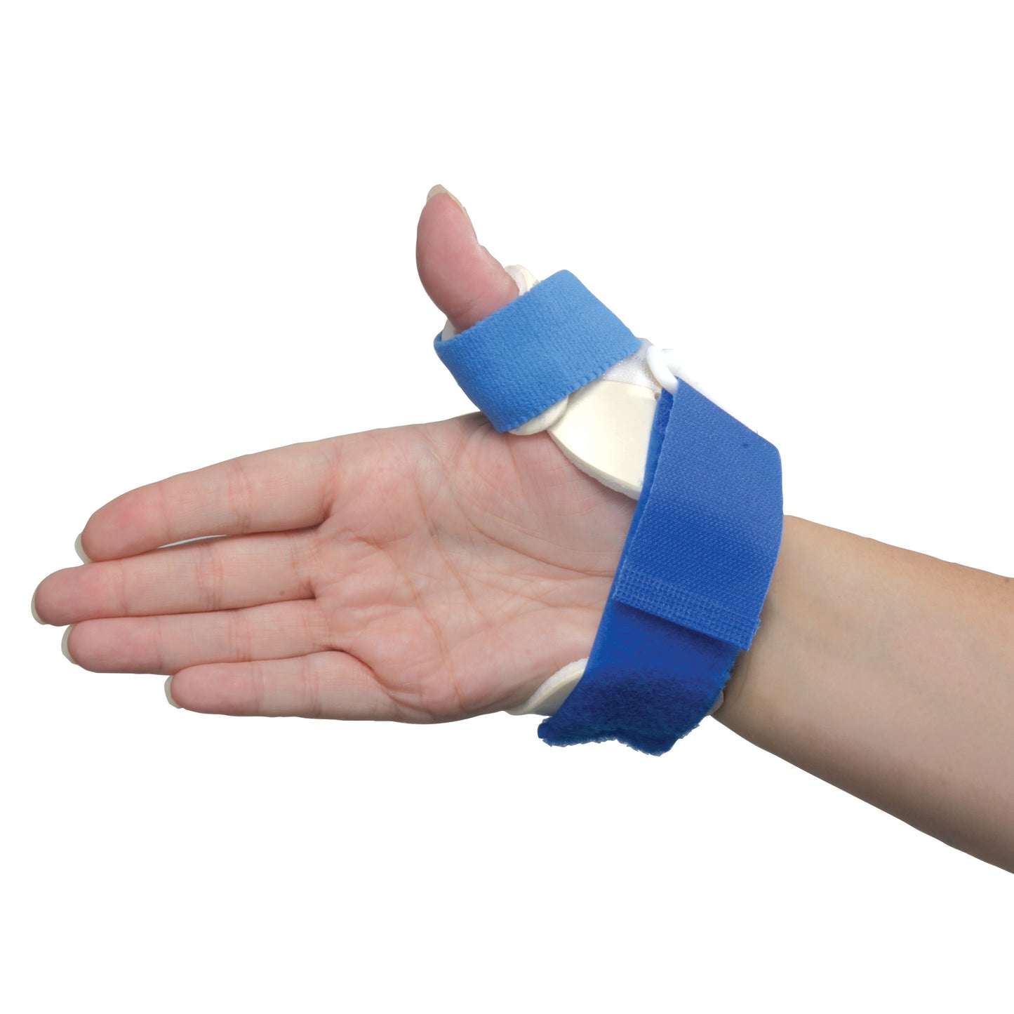 A person's hand wearing the AliMed FREEDOM Standard ThumbKeeper Splint, featuring blue straps and white padding for thumb support.