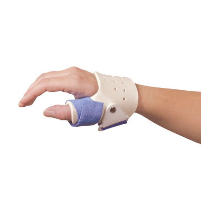 A hand wearing the AliMed FREEDOM Standard ThumbKeeper Splint, which is white with perforations and has a blue finger support.