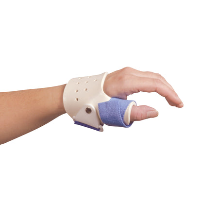 A hand wearing an AliMed FREEDOM Standard ThumbKeeper Splint, featuring a cream plastic cuff with ventilation holes and a blue wrap around the thumb.