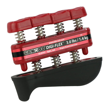 Red and black CanDo Digi-Flex Hand Exerciser with metal springs, designed for finger and hand strengthening at 3.0 lbs resistance.