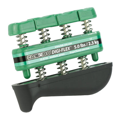 CanDo Digi-Flex Hand Exerciser with a green top and black base, featuring metal springs, marked for 5.0 lbs resistance.