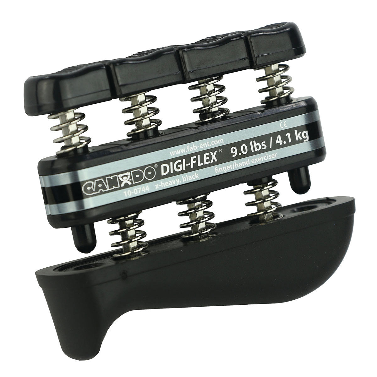 CanDo Digi-Flex Hand Exerciser with black springs for finger and hand strength training, rated at 9.0 lbs/4.1 kg resistance.