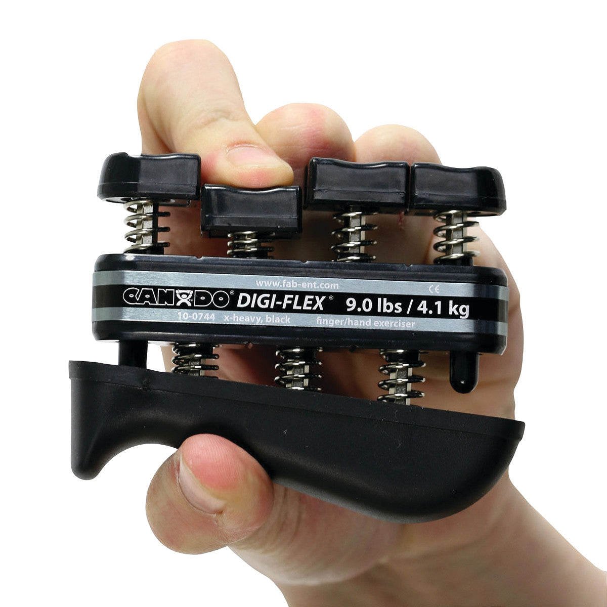 A hand using a CanDo Digi-Flex Hand Exerciser, labeled "9.0 lbs/4.1 kg." It features multiple black spring-loaded buttons.