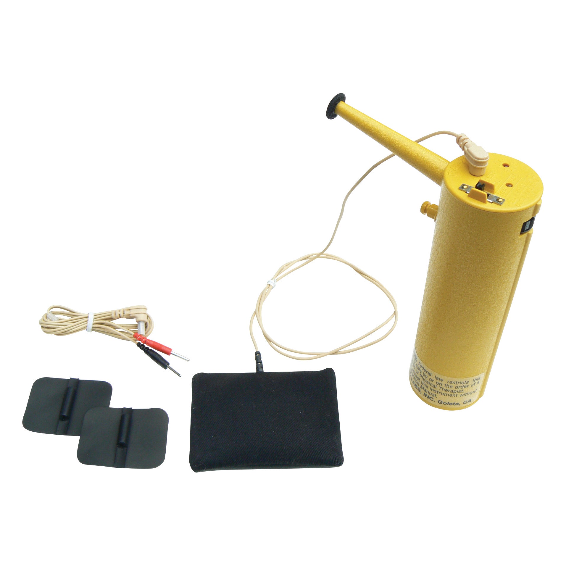 Low-Volt Stimulator with a yellow body, connected cables, two black adhesive pads, and black and red wires for electrical therapy.