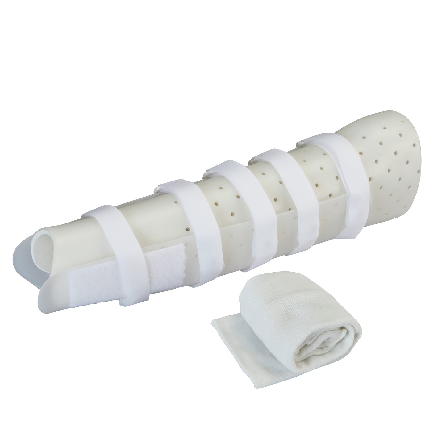 Miami Tibial Fracture PTB Brace with ventilation holes and adjustable straps, accompanied by a rolled up white sleeve.