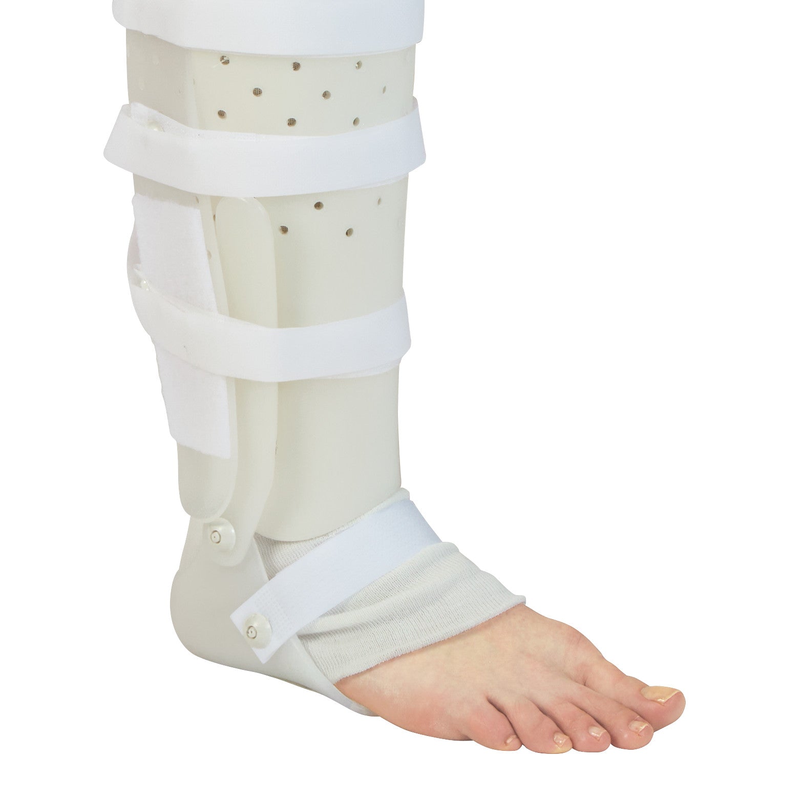 A patient's lower leg and foot are fitted with a Foot Component for Miami Tibial Fracture PTB Brace, secured with multiple straps.