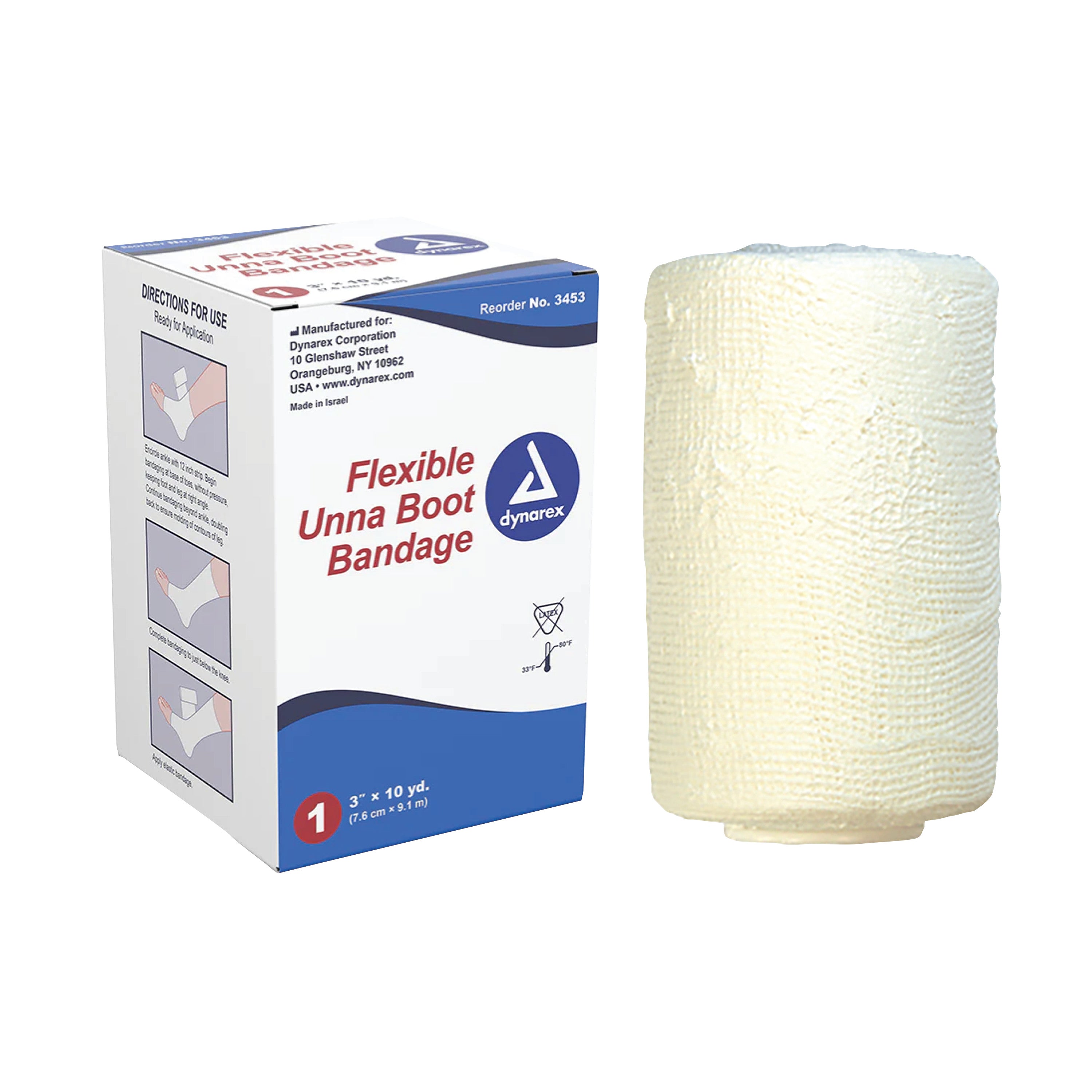 Dynarex Unna Boot Bandage with packaging, featuring a rolled bandage next to a box displaying product details and application images.