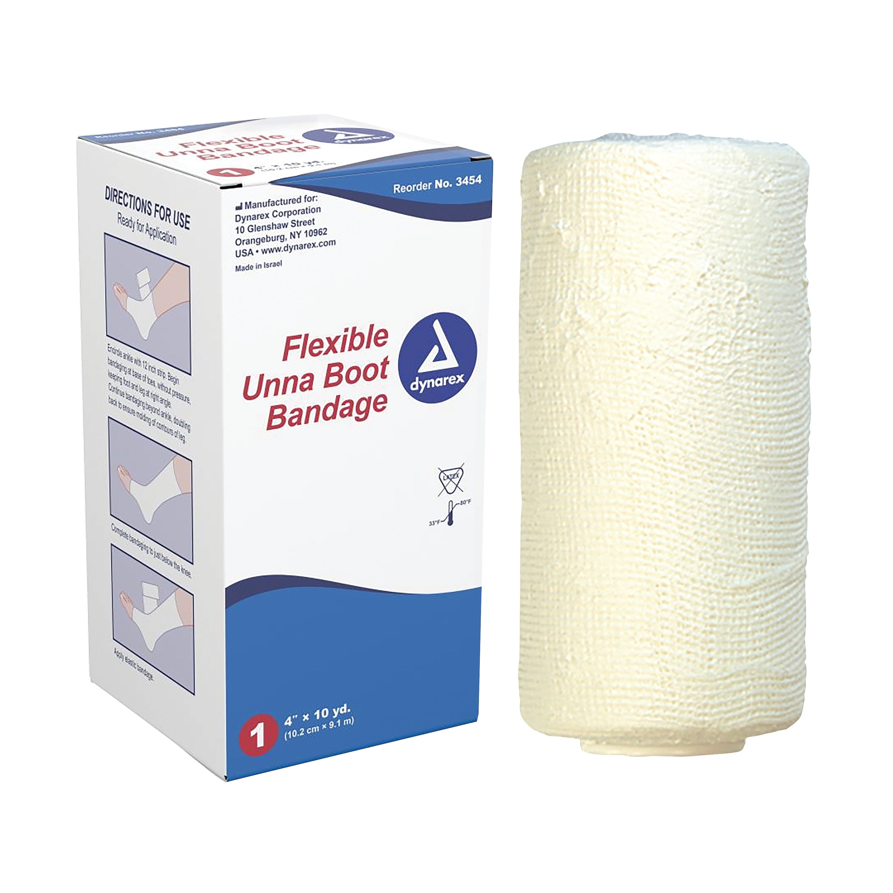 Dynarex Unna Boot Bandage is shown in its packaging alongside a roll of bandage, featuring application instructions on the box.