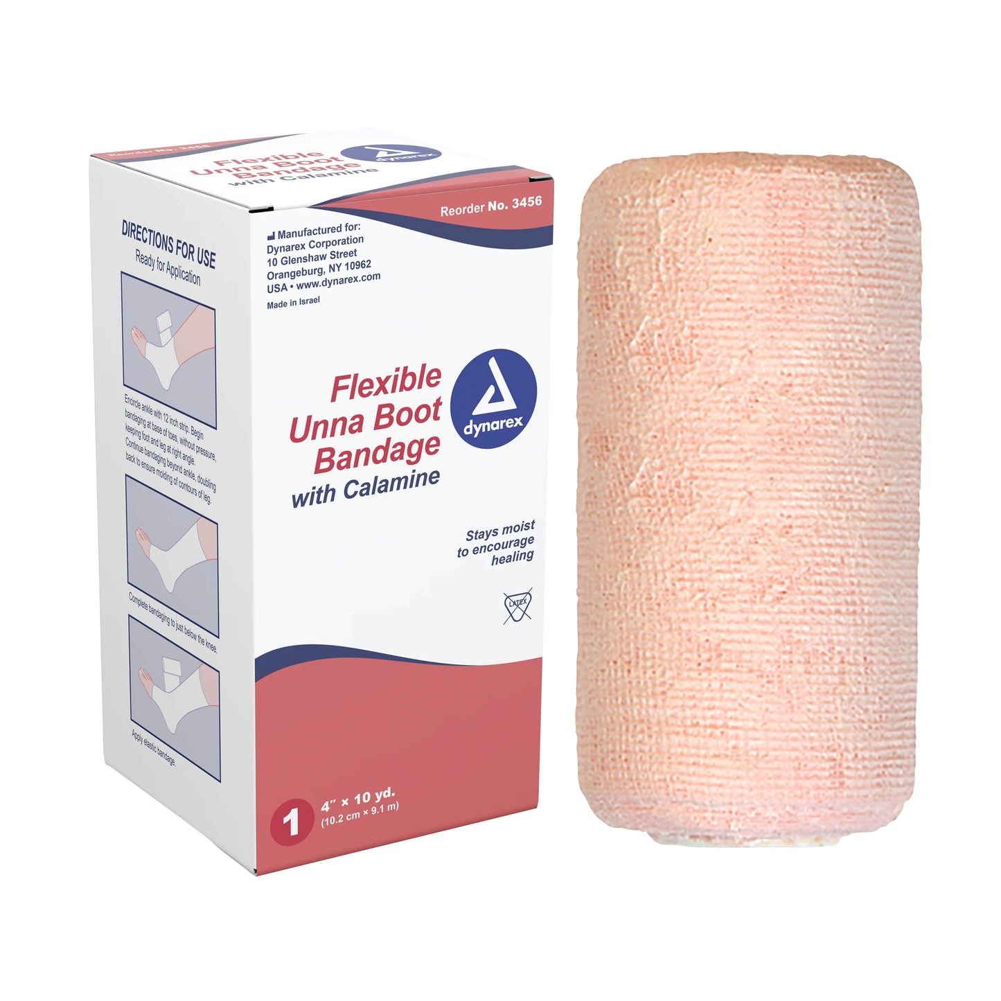 Dynarex Unna Boot Bandage with Calamine shown beside its box, featuring moisture retention for healing, size 4\" x 10 yd.