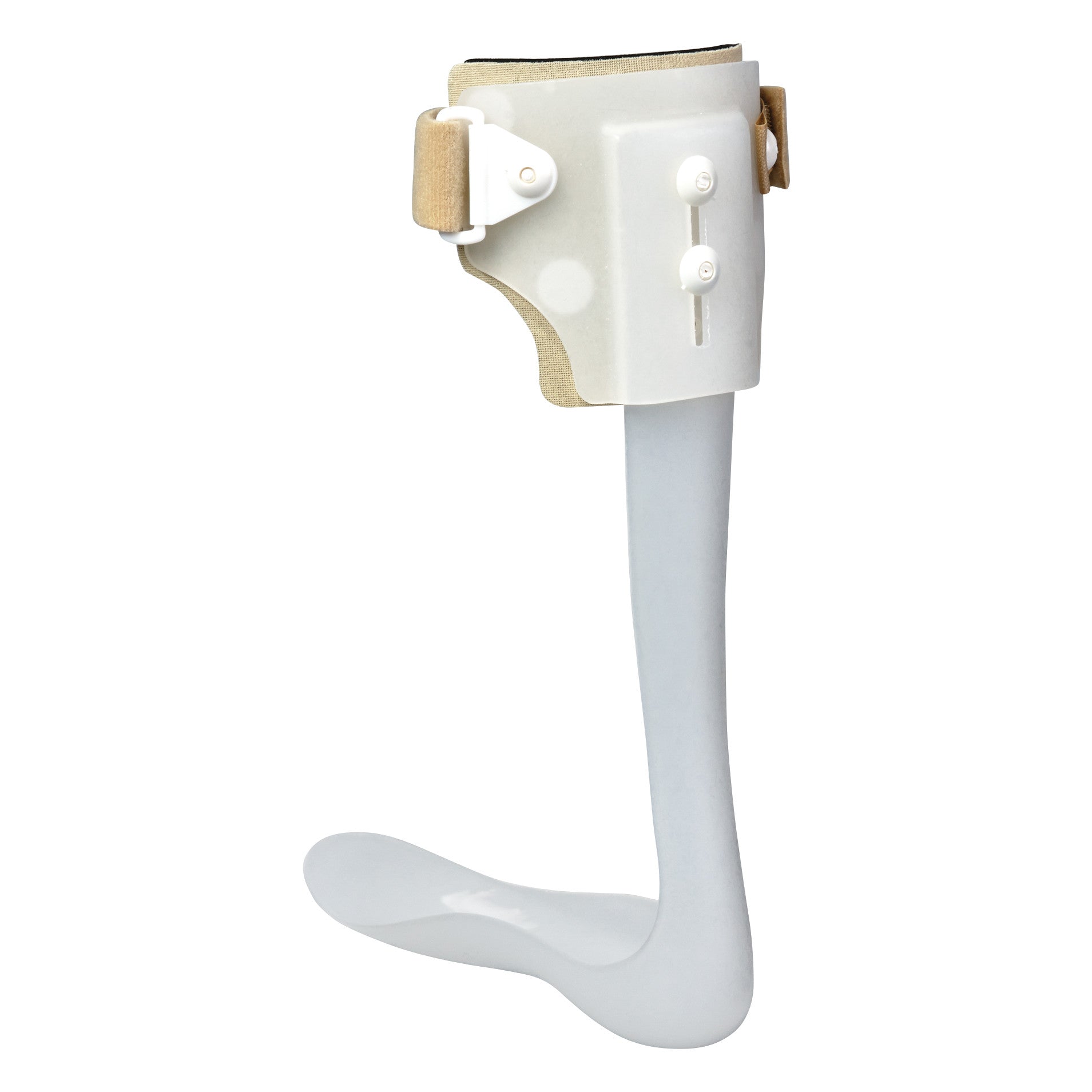 The Sliding Ankle Foot Orthosis is a supportive leg and foot brace with adjustable straps and a curved base for stability.