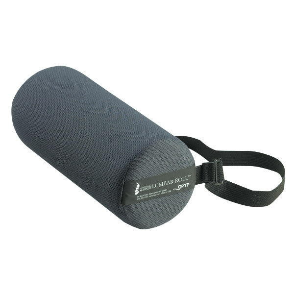 A dark gray cylindrical lumbar support pillow with a black strap, labeled 'The Original McKenzie Lumbar Roll' by OPTP.