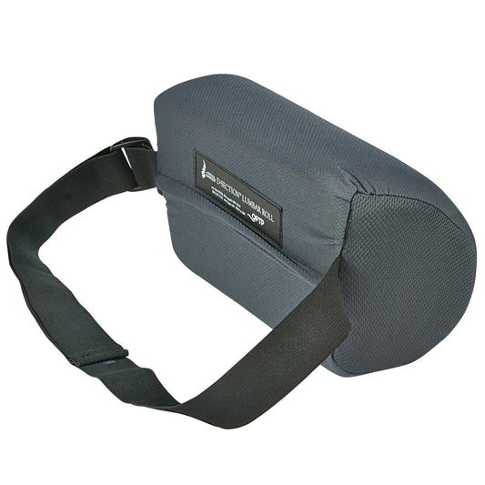 The Original McKenzie D-Section Lumbar Roll is a dark gray cushion with an adjustable black strap for lumbar support.