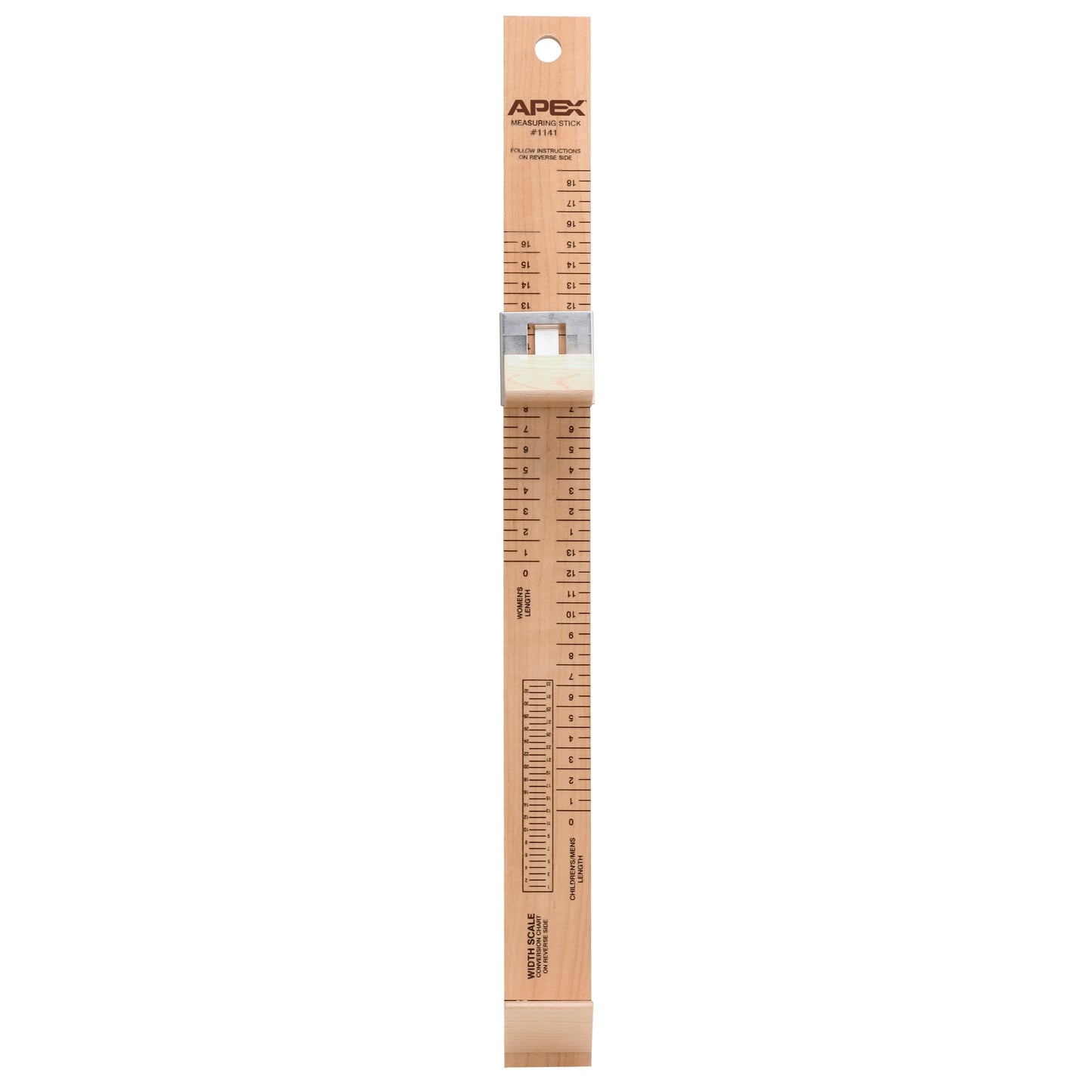 The Apex Measuring Stick is a wooden ruler used for height measurement, featuring a sliding attachment and printed scales.