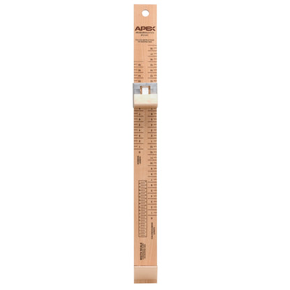 The Apex Measuring Stick is a wooden ruler used for height measurement, featuring a sliding attachment and printed scales.