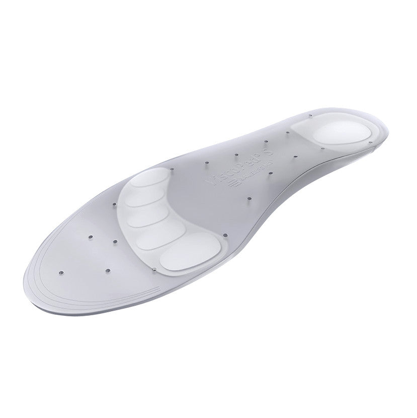 Bauerfeind ViscoPed S Insole, a gray orthopedic insole with cushioning zones and perforations for enhanced comfort and support.