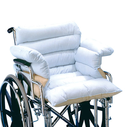 A wheelchair with soft, light-colored Spenco Wheelchair Padding on the seat, backrest, and armrests for added comfort.