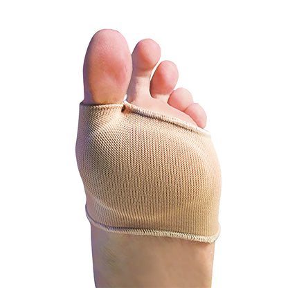 A foot wearing a beige Silipos Universal Gel Strap, covering the ball and partially the toes, against a white background.
