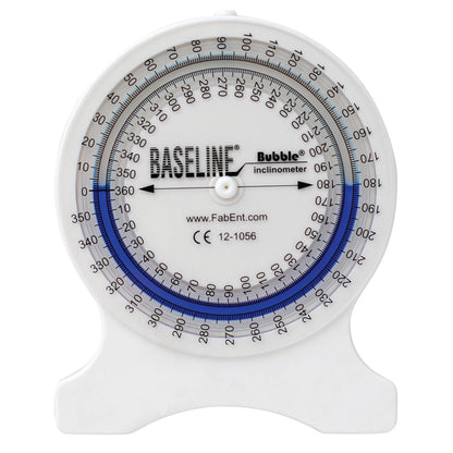 Baseline Bubble Inclinometer with a circular scale and blue liquid indicator for measuring angles, displayed on a white stand.