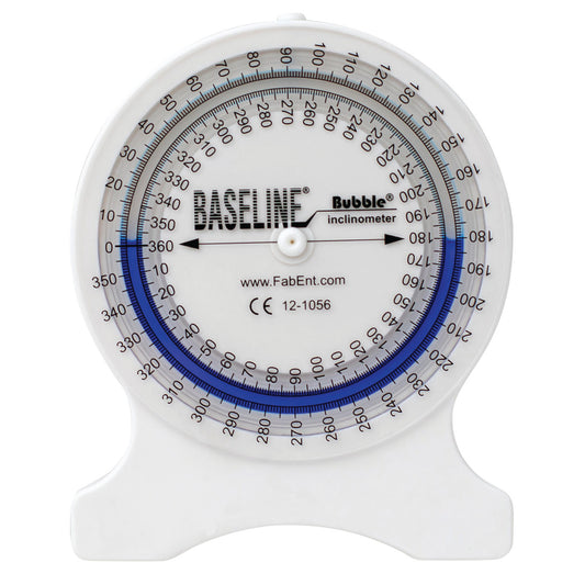 Baseline Bubble Inclinometer with a circular scale and blue liquid indicator for measuring angles, displayed on a white stand.
