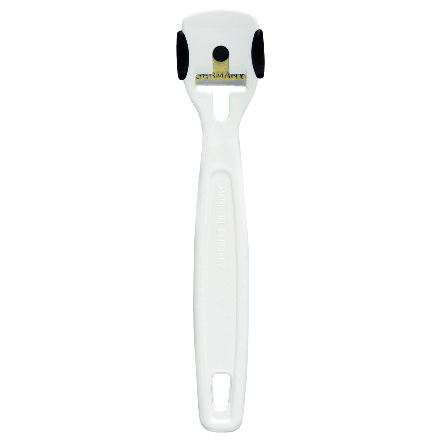 The Pedi-Quick Safety Corn and Callus Trimmer features a white handle and a metal blade, designed for removing corns and calluses.